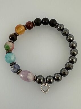 amethyst onix tiger eyes Jade Gemstones & Hematite Stretch Bracelet with Heart